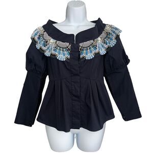 PETER PILOTO Navy Cotton Lace Detail Off Shoulder Top Size 6UK US 2
